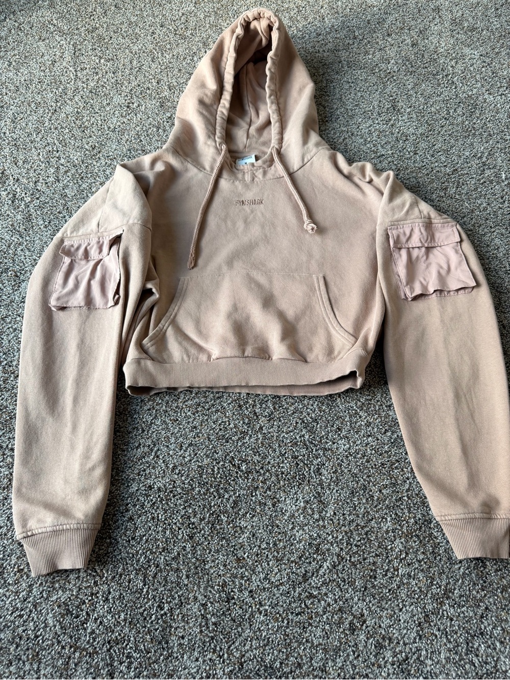 Gymshark Cargo Utility Cropped Hoodie Beige Tan Sleeve Pockets Women's Medium